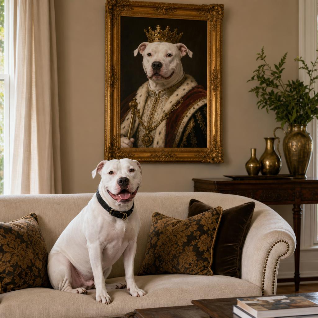 Bella's Royal Portrait hanging on a living room wall