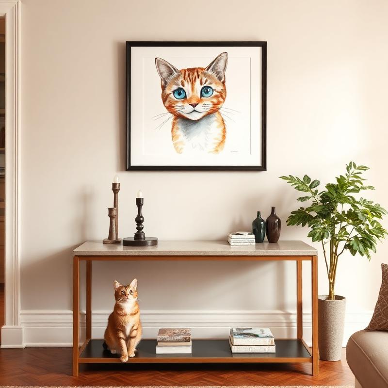 Mochi in Watercolor hanging on a living room wall
